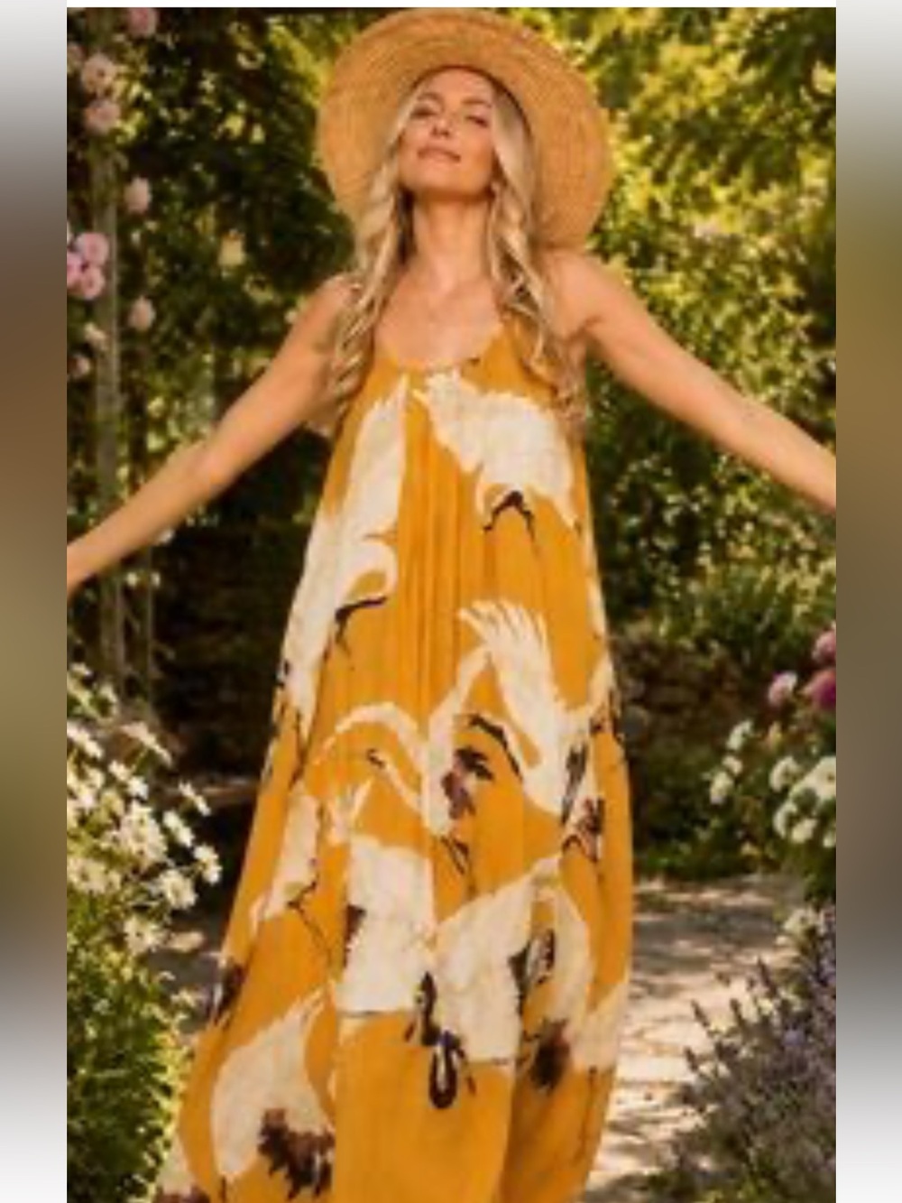 Sleeveless Mustard Floral Maxi Dress with Cream Crane Print